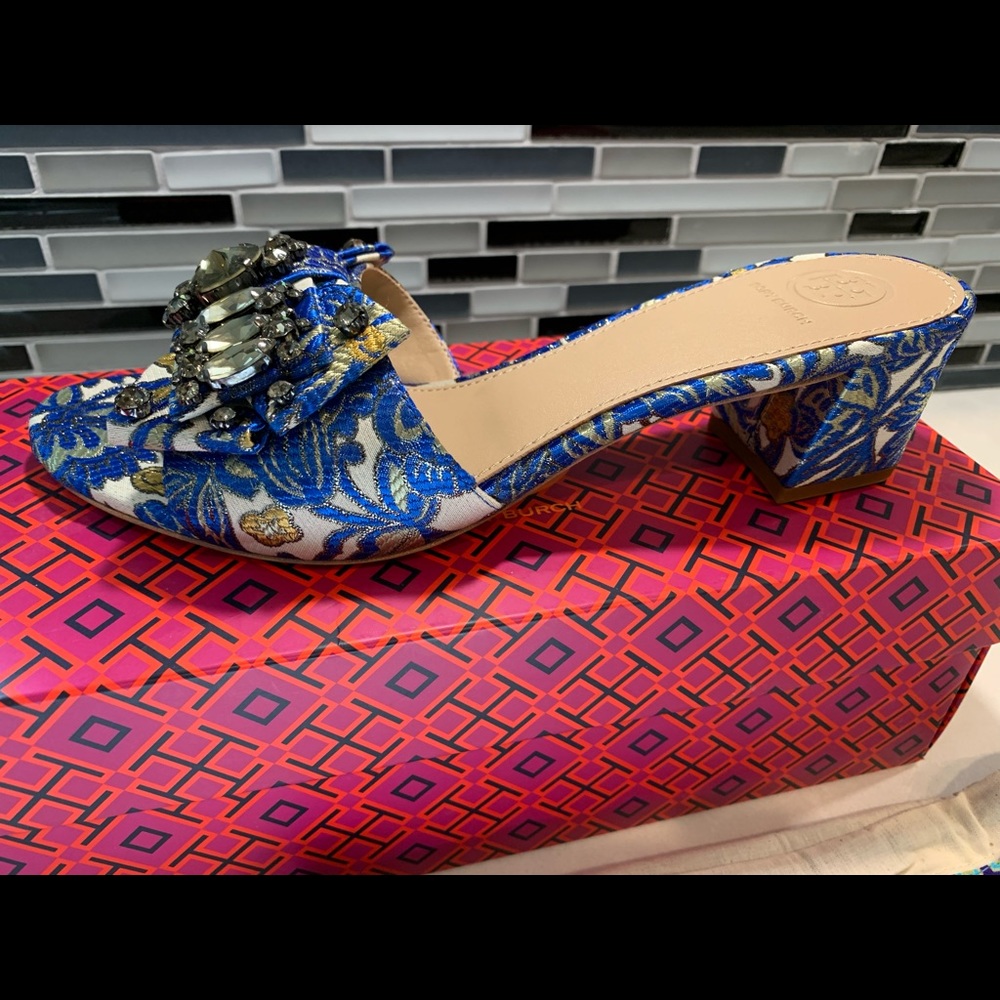 New Tory Burch Valentina Blue Metallic Brocade Bow Slide Sandals Shoes Size 8.5